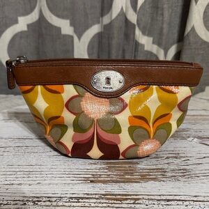 Fossil Floral Cosmetic Bag with Brown Trim